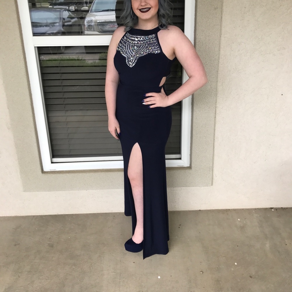 Gorgeous long dress navy blue worn once .